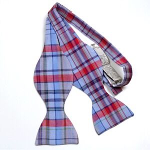 Thomas Pink Mens Bow Tie Linen Silk Tie Bowtie Plaid Blue
